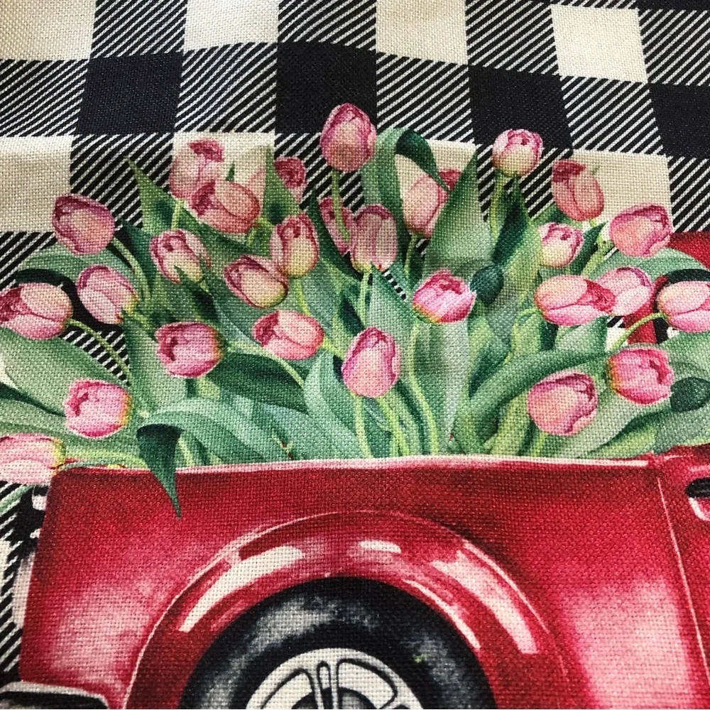 Old Truck Spring Floral Tulips Table Cloth Runner Indoor Outdoor 72”Lx 13”W NEW